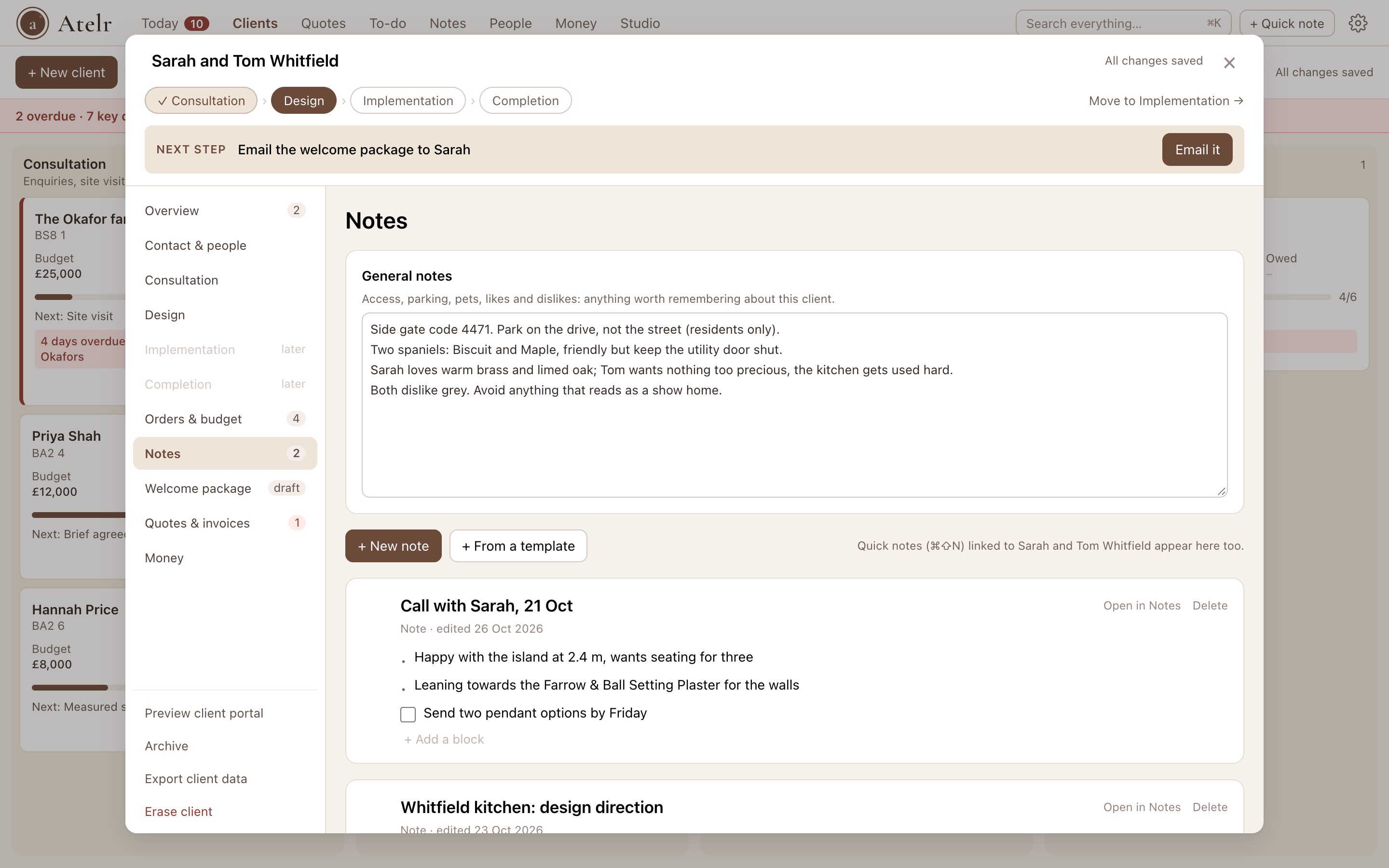 A client’s Notes tab: general notes at the top, then each note about the client with headings, a checklist and a table