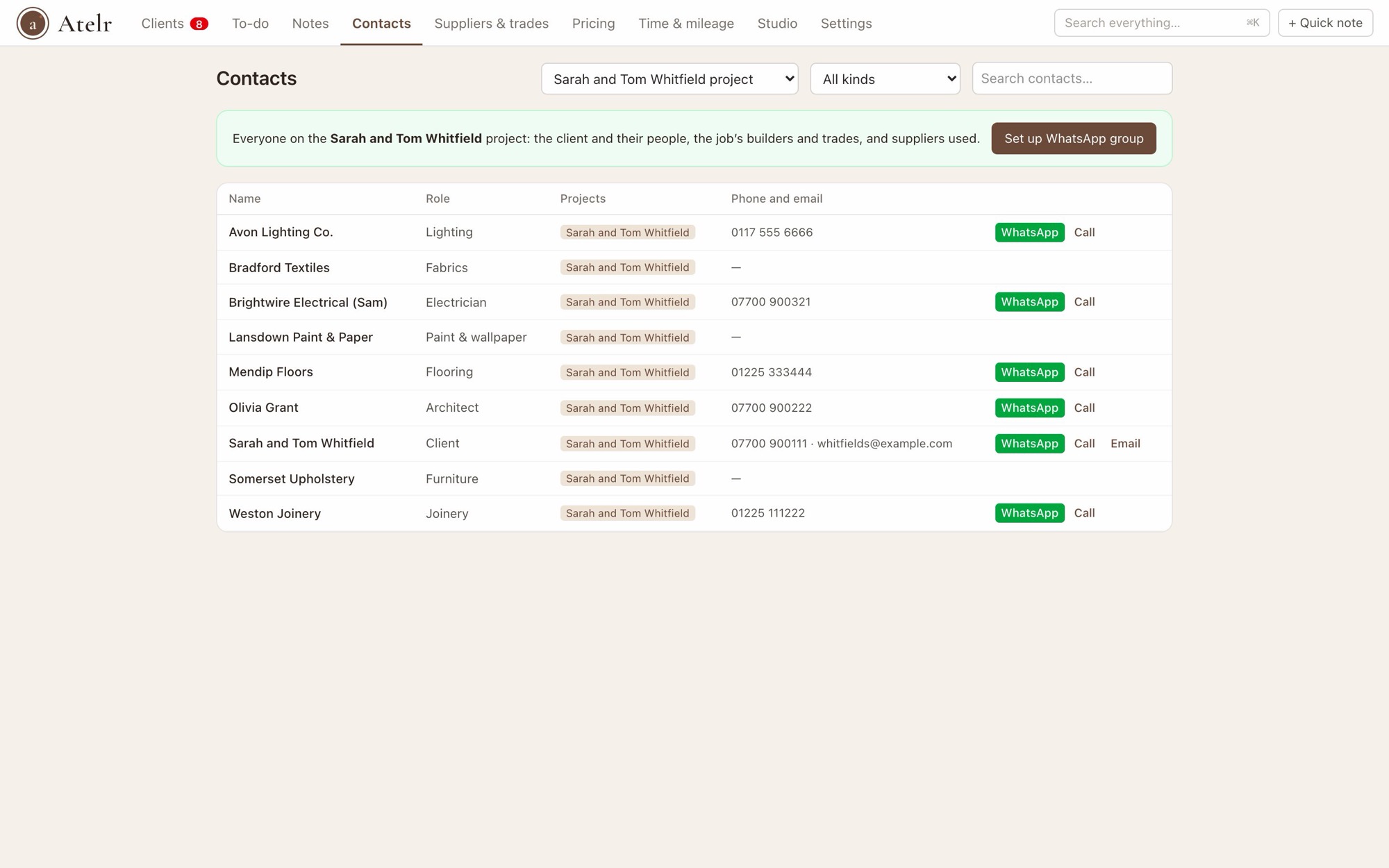 Contacts for one project with WhatsApp buttons