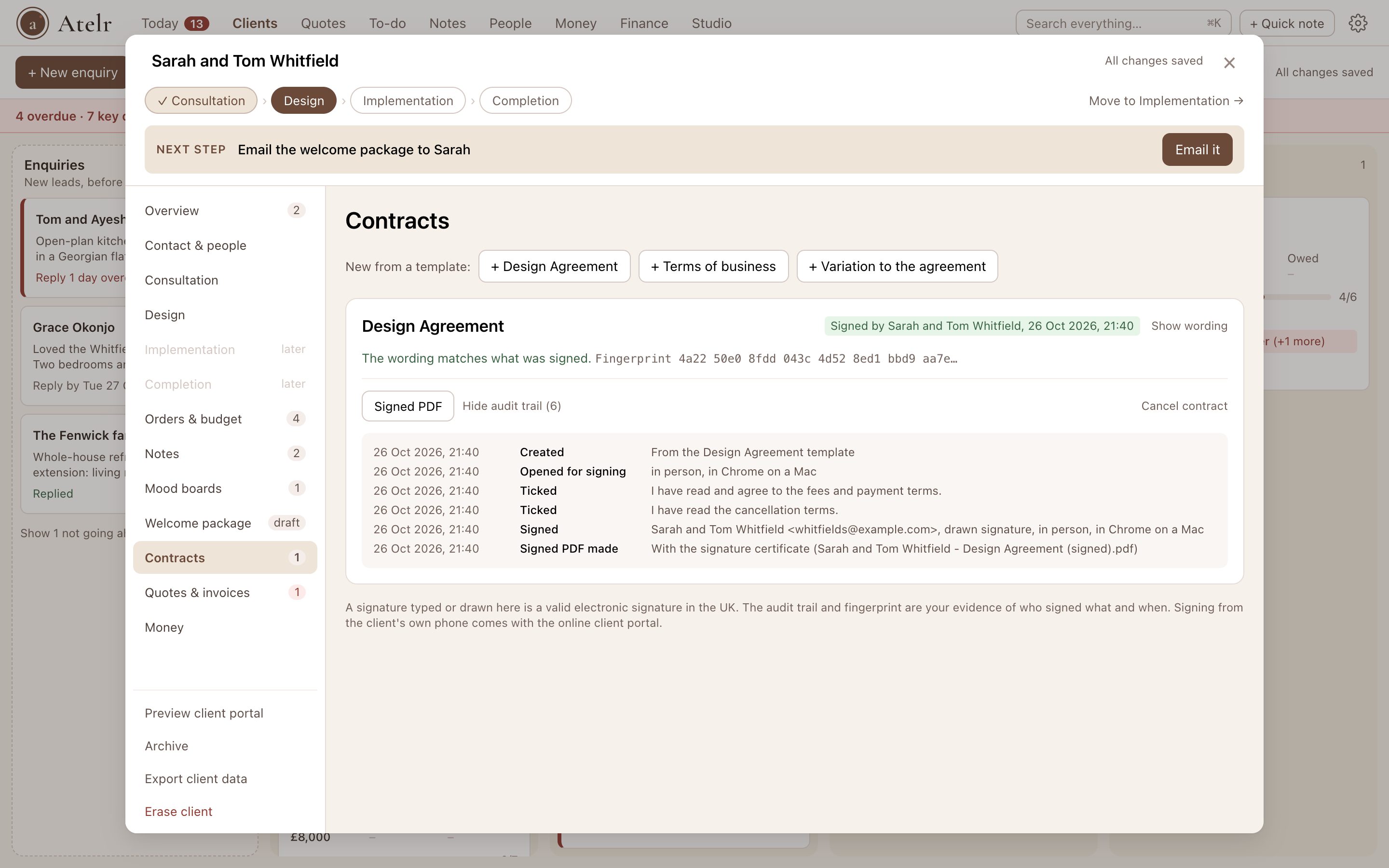 A signed Design Agreement in a client’s window: the fingerprint check and the audit trail of when it was opened, ticked and signed