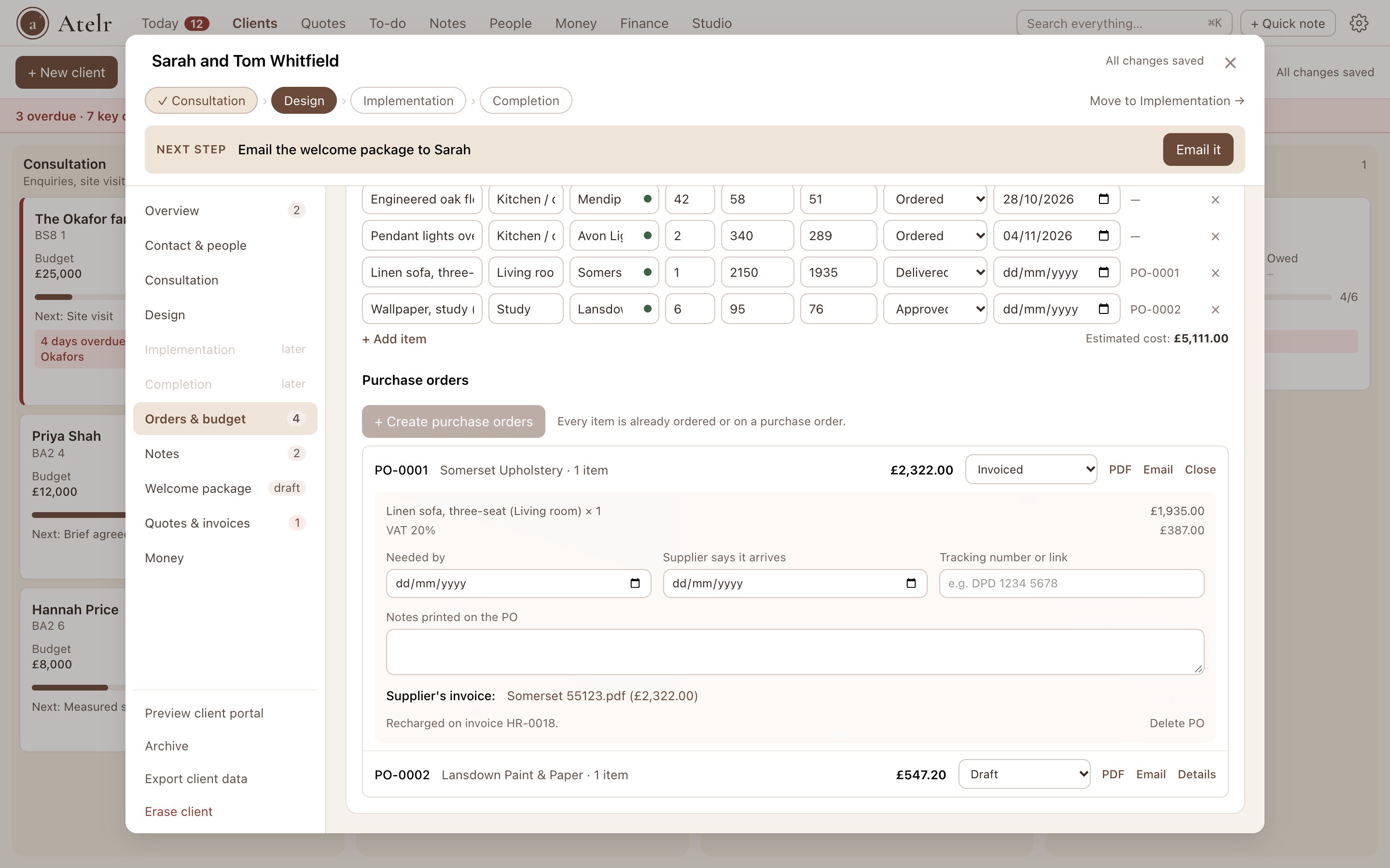 A client’s orders with two purchase orders, one open showing its items, delivery details, the supplier’s invoice and the recharge